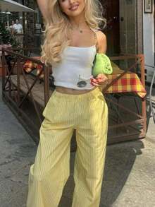 de blusa de manga larga con hombros caídos a rayas y pantalones de pierna ancha para mujer, conjunto informal de dos piezas para primavera y verano - Amarillo - Ver 5