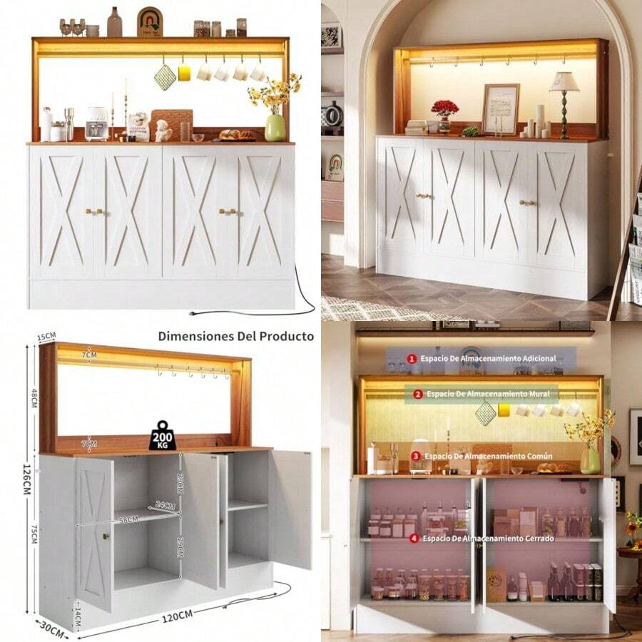 SIMPLE ESPACIO Alacenas para Cocina, Muebles para Cocina Tiene 4 Puertas Blancas, Tapa de Armario de Nogal con 6 Ganchos, Está Equipada con una Partición Ajustable, Alacena Tamaño:120*30*81 CM. Nuez - NuezBlanco - Ver 1