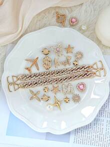 Fashionable Girl's Jelly Shoes Charms Set - Bow, Dollar Sign, Star & Flower Decor, Shiny Hole Punch Shoe Accessories - Gold Powder Dancer Chain Set - View 3