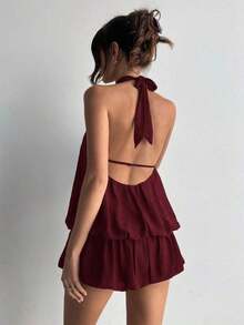casual de verano para mujer con cuello halter, unicolor y volantes en el bajo - Burdeos - Ver 2