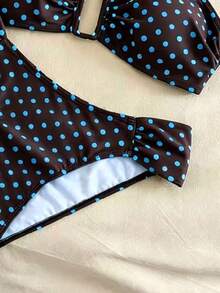 Conjunto de traje de baño elegante y grácil para mujer, diseño de patchwork de lunares en blanco y negro, busto con aro en forma de U, tirantes ajustables y cierre trasero sin espalda, shorts con fruncido lateral, adecuado para playa o vacaciones en primavera/verano - Azul - Ver 4
