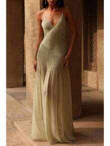Relaxed Holiday-Style Pleated Sheer Strapless Dress - 綠色 - 查看 8