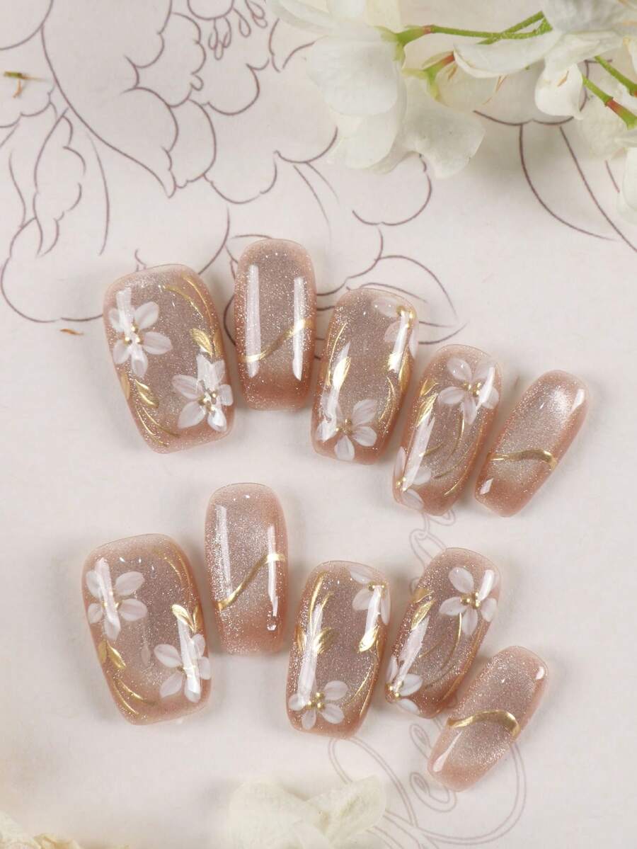 Bộ 10 móng tay giả dán màu hồng mắt mèo hoa trắng chỉ vàng, dụng cụ dán móng tay ngắn, móng giả dùng hàng ngày cho văn phòng, bộ móng nhân tạo bao gồm 1 tờ keo dán và 1 dũa mini. - Nhiều màu - Xem 1