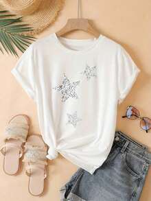 Camiseta de algodón con cuello redondo y estampado gráfico para mujer, opciones en negro y blanco, diseño con estampado de estrellas plateadas, ropa casual, camisetas de manga corta holgadas para primavera, camisetas básicas de moda para verano, regalo de ropa para mujeres. - Blanco - Ver 7