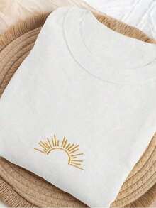 Women's Short Sleeve T-Shirt With Round Neck And Beach Sun Embroidery - 白色 - 查看 3