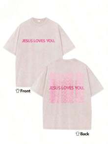 Summer T-Shirts 2026 - Thick Cotton T-Shirt With Religious Print 'Jesus Loves You', Pink-Green Background With Pink Letters, Double-Sided Print - Christian Clothing, Crew Neck T-Shirt, Suitable For Church, Casual Wear Or As A Gift - Summer Clothing (Retro Style, Thick Cotton, Unisex) - 杏色 - 查看 5