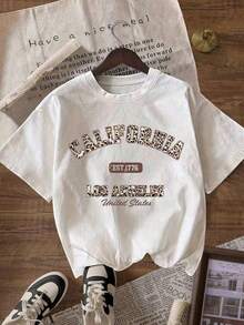 1 pieza de camiseta casual para mujer con estampado de leopardo y gráfico de letras, cuello redondo y manga corta, para verano, 180g, 100% algodón. - Blanco - Ver 12