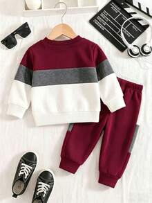 Baby Boy Cartoon Print Crew Neck Long Sleeve Warm Sweatshirt And Pants Set - Burgundy - View 3