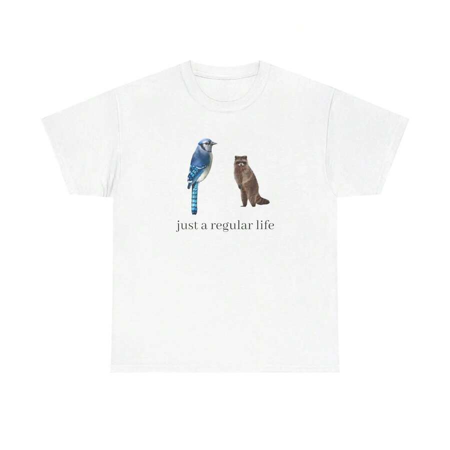 Blue Jay And Raccoon T-Shirt|   Just A Regular Life - White - View 1