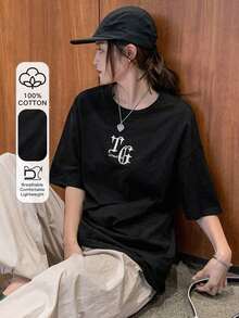 Camiseta de gran tamaño con patrón de letras bordadas, cuello caído, estilo preppy. - Negro - Ver 5