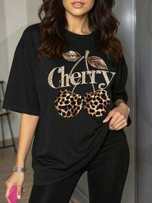Blusa de manga corta con cuello redondo y estampado de leopardo y cerezas para mujer de talla grande - Negro - Ver 5