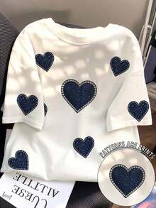 Camiseta ajustada de casual de manga corta y cuello redondo con bordado de letras para mujer de verano - Blanco - Ver 4
