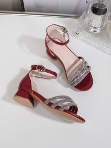 Summer New Fashion Rhinestone Peep Toe High Heel Sandals For Girls, Versatile Princess Shoes For Party, Wedding, Performance, Suitable For Toddler, Little, Big Kids - Burgundy - View 4