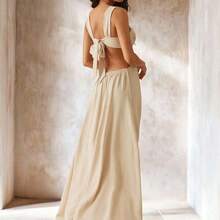 Haute Elegant & Sexy Solid Color Backless Dress - Verde grisáceo - Ver 6
