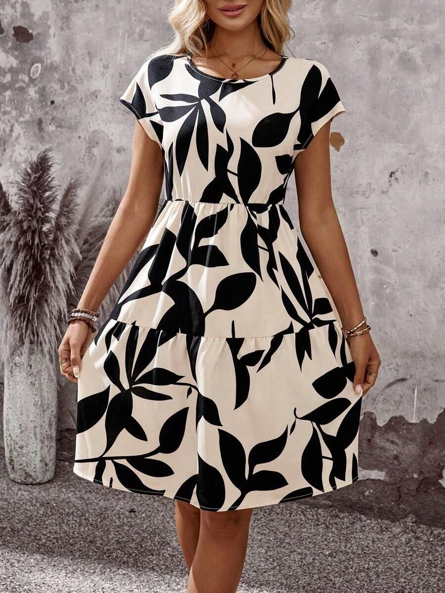 Vestido corto con cuello redondo y manga corta de estampado geométrico, casual para mujer, adecuado para primavera/verano - Multicolor - Ver 1