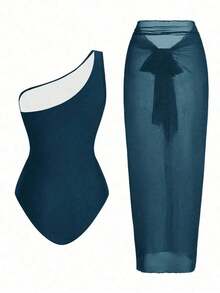 Swim Oasis Traje de baño de una pieza con panel de malla fruncida de unicolor y falda pareo - Agua verde azul 2 - Ver 2