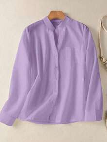 Camisa de mujer de unicolor con cuello en V y botones - Blusa casual y elegante de manga larga con detalle de bolsillo, adecuada para vacaciones, viajes y uso diario, artículo esencial para primavera, verano, otoño e invierno - Púrpura malva - Ver 3