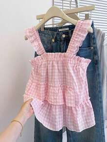 Blusa holgada sin mangas de estilo casual a cuadros para mujer, versátil para el verano - Rosa Pálido - Ver 1