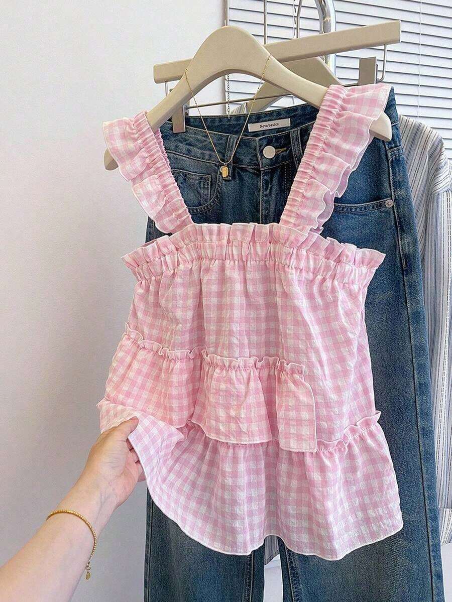Blusa holgada sin mangas de estilo casual a cuadros para mujer, versátil para el verano - Rosa Pálido - Ver 1