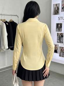 女士经典休闲长袖宽松时尚纽扣衬衫，适合办公室、休闲通勤和工作场合，春夏款 - 黃色 - 查看 4