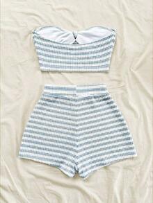Conjunto informal de 2 piezas de top tubo corto anudado de unicolor y shorts con estampado floral para vacaciones de mujer - Multicolor 7 - Ver 2