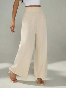 Pantalones de Pierna Ancha de Cintura Alta con Textura para Mujer, Estilo Casual y Sencillo, para la Temporada de Regreso a Clases y Uso Diario - Verde Oliva - Ver 10