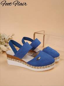 Foot Flair Women's Plus Size Closed Toe Backless Rope Sole Blue Sandals, Beach Vacation Style Spring Summer Fashion Versatile Comfortable Wedge Thick Sole Sandals - Blue - View 8