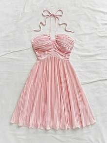 Vestido rosa sólido sin mangas con cuello halter de moda y lindo, vestido bohemio para mujer - Rosa - Ver 5