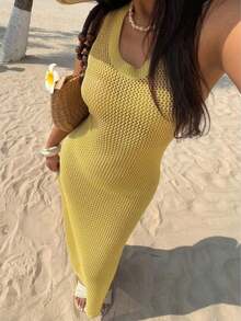 Nuevo bikini sexy, ropa de playa casual diaria, vestido de punto minimalista sin mangas para vacaciones, estilo casual elegante, textura de red, chica sexy estilo francés, estilo bohemio, vestido de suéter versátil y de alta gama para mujer - Amarillo - Ver 8