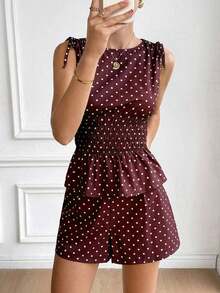 2 piezas Conjunto casual de mujer con blusa con volantes y lunares y shorts - Rojo violeta - Ver 5
