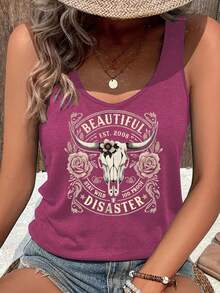 Beautiful Disaster Cow Skull Roses Tank Top Women's Summer Graphic Tee Loose Fit Beach Vacation Outfit - 紅色 - 查看 2