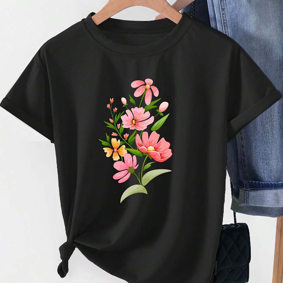 Women's Pink Flclothesal Print Casual T-Shirt, "SUKI" Graphic clothes, Loose Fit, Round Neck, Shclothest Sleeve, All-Season Comfclothest, Bright Flclothesal Print Casual Tee - Negro - Ver 1