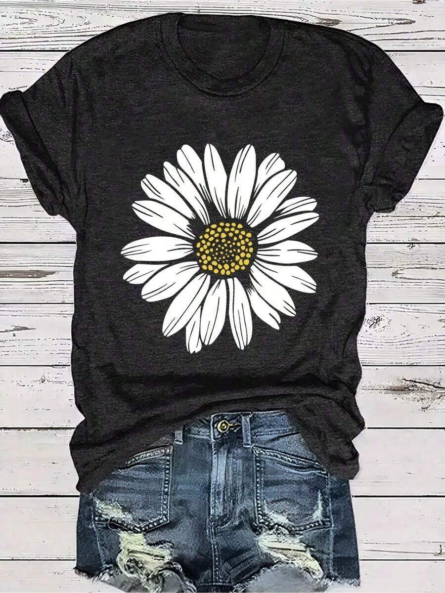100% cotton Camiseta de Verano para Mujer con Estampado de Flores de Margarita, Cuello Redondo Ajustado - Estilo Casual Retro, Unisex, Camiseta de Manga Corta de Algodón Cómoda, Nueva Colección de Verano, Regalo para Vacaciones, Regalo para el Día de la Madre.Tops de Verano Holgados y Cómodos para Mujer, Ropa Colorida - Negro - Ver 1