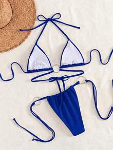 Bộ bikini màu trơn đính kim cương lấp lánh, sequin, hở lưng, kiểu tam giác buộc dây bên hông, gợi cảm, bán chạy nhất mùa hè, màu trơn, kiểu dáng giản dị, gợi cảm, buộc dây sau lưng, thích hợp cho kỳ nghỉ biển. - Màu xanh lam - Xem 3