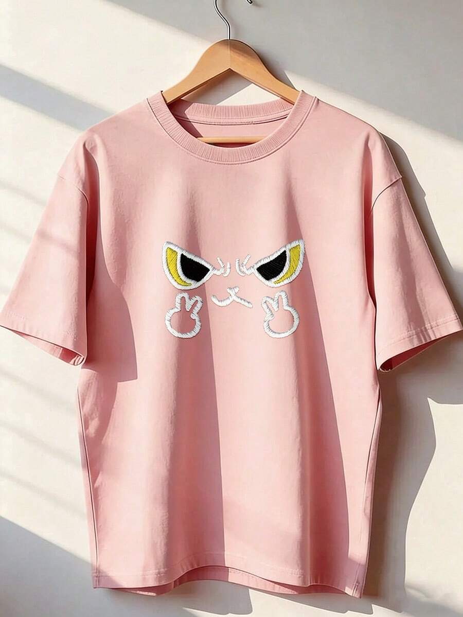 Short-Sleeve T-Shirt With Fun Embroidered Print, Fashionable Short-Sleeve T-Shirt For Spring And Summer 2026, Made In Mexico, 180 Grams. Cartoon Print, Couple Design, Suitable For Indoor Or Outdoor Wear. Crew Neck, Unisex, Ideal For Office And Leisure. One-Piece Pack. - PK-P631577SLNDXZGY449 - 查看 1