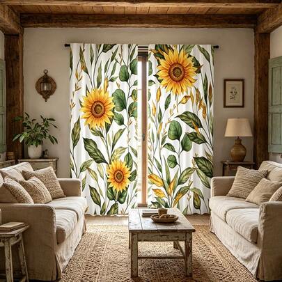 2 piezas de Cortinas con Girasoles con patrones naturales de girasoles y hojas verdes, instalación con bolsillo para barra, cortinas impresas digitalmente, hechas de material de poliéster, adecuadas para salas de estar, cocinas, dormitorios, comedores, decoración del hogar, cortinas para la sala de estar, adecuadas para todas las estaciones