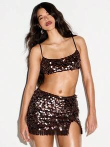 KIZN Minifalda con lentejuelas brillantes de bronce con detalle de flecos en el bajo para ocasiones de fiesta navideña - Café integral - Ver 5