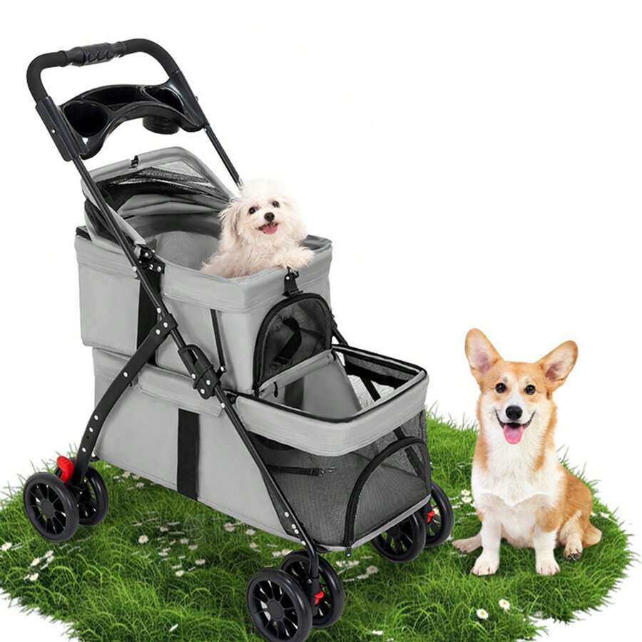 Double Pet Stroller Lightweight Foldable Dog & Cat Stroller - Gris - Ver 1