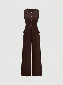 Sweetro Conjunto a juego de chaleco negro de una hilera y pantalones de pierna ancha con fruncidos - Marrón 2 - Ver 3