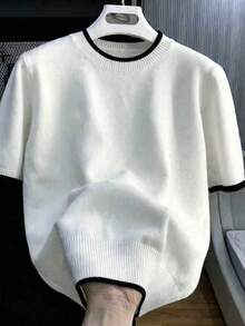 Men's Casual Versatile Solid Color Short Sleeve Knit Top, Suitable For Daily Wear And Commuting - White - View 3