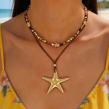 2pcs Bohemian Beach Ocean Style Random Beaded Metal Starfish Pendant Necklace, Casual Vacation Photo Accessory, Gift Choice For Women - Brown - View 1