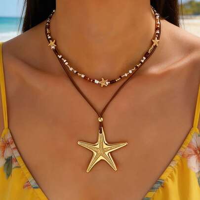2 chiếc vòng cổ mặt dây chuyền hình sao biển đính hạt ngẫu nhiên theo phong cách biển Bohemian, phụ kiện chụp ảnh dạo chơi, quà tặng lý tưởng cho phụ nữ.