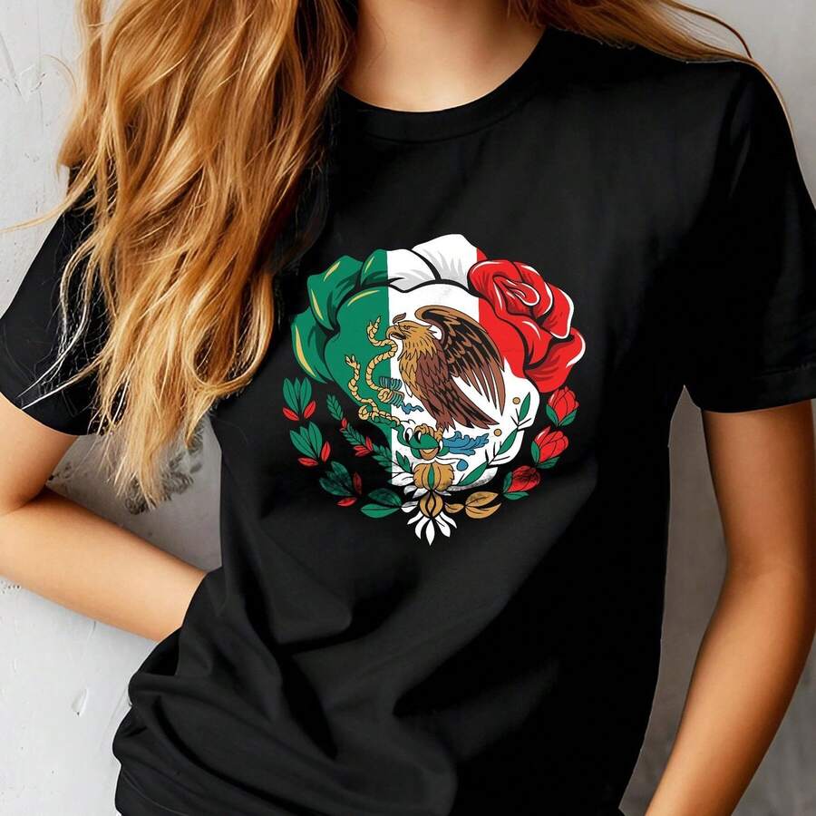 Camiseta con bandera mexicana y dise_o floral, dise_o patriótico de águila mexicana, orgullo del Cinco de Mayo, para hombres y mujeres, regalo de here Camiseta 100% Algodón Unisex - Playera Casual Premium de Corte Cómodo - Negro - Ver 1