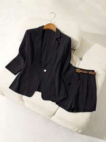 Traje de blazer de unicolor + shorts con cinturón - Negro - Ver 1