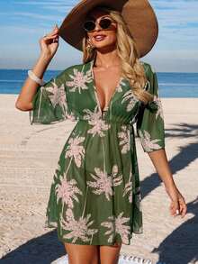Vestido de playa  Swim Lushore para mujer, primavera/verano, estampado floral, cintura ceñida, manga 3/4, cuello en V, vestido de vacaciones con pareo, pareo de playa marrón, ropa de playa para mujer, vestido Zanea para mujer. - Verde - Ver 3
