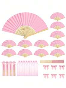 3/15/30pcs Set, Summer Series Wedding Gift Folding Fans, Ladies Folding Fans, Green Bowknot, Transparent Drawstring Bag, Wedding Party Decor. Suitable For Bridal Gifts, Party Favors, Bridesmaid Photo Props, Summer Fans, Events And Party Supplies, Multi-Piece Party Gift Bags. - Pink - View 1
