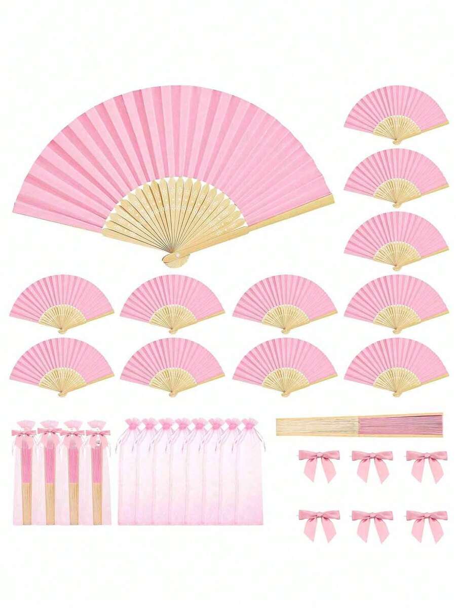 3/15/30pcs Set, Summer Series Wedding Gift Folding Fans, Ladies Folding Fans, Green Bowknot, Transparent Drawstring Bag, Wedding Party Decor. Suitable For Bridal Gifts, Party Favors, Bridesmaid Photo Props, Summer Fans, Events And Party Supplies, Multi-Piece Party Gift Bags. - Pink - View 1
