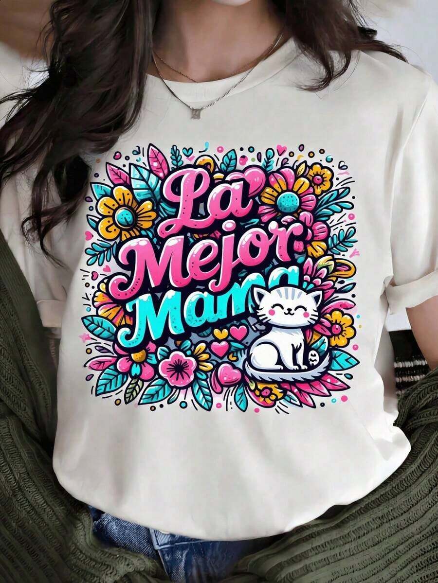 Fashion Printed T‑Shirts for Women, Oversized Streetwear Tops, Comfortable and Stylish All‑Match Summer TeesPlayera "La Mejor Mamá" con Gato y Flores Coloridas, Diseño Lindo para Mujer, Ropa de Día de la Madre, Estilo Kawaii Mexicano - Blanco - Ver 1