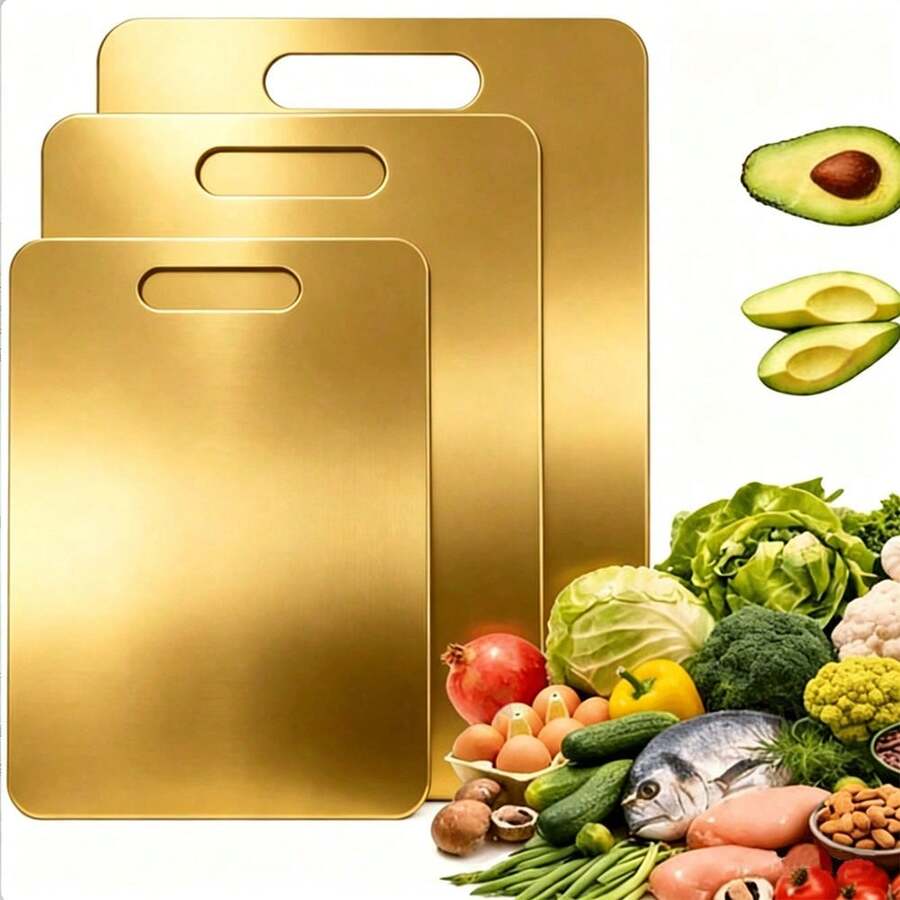 Set de 3 piezas, 1 pieza Tabla de cortar antihongo de acero inoxidable de doble cara para uso doméstico - Dorado - Ver 1