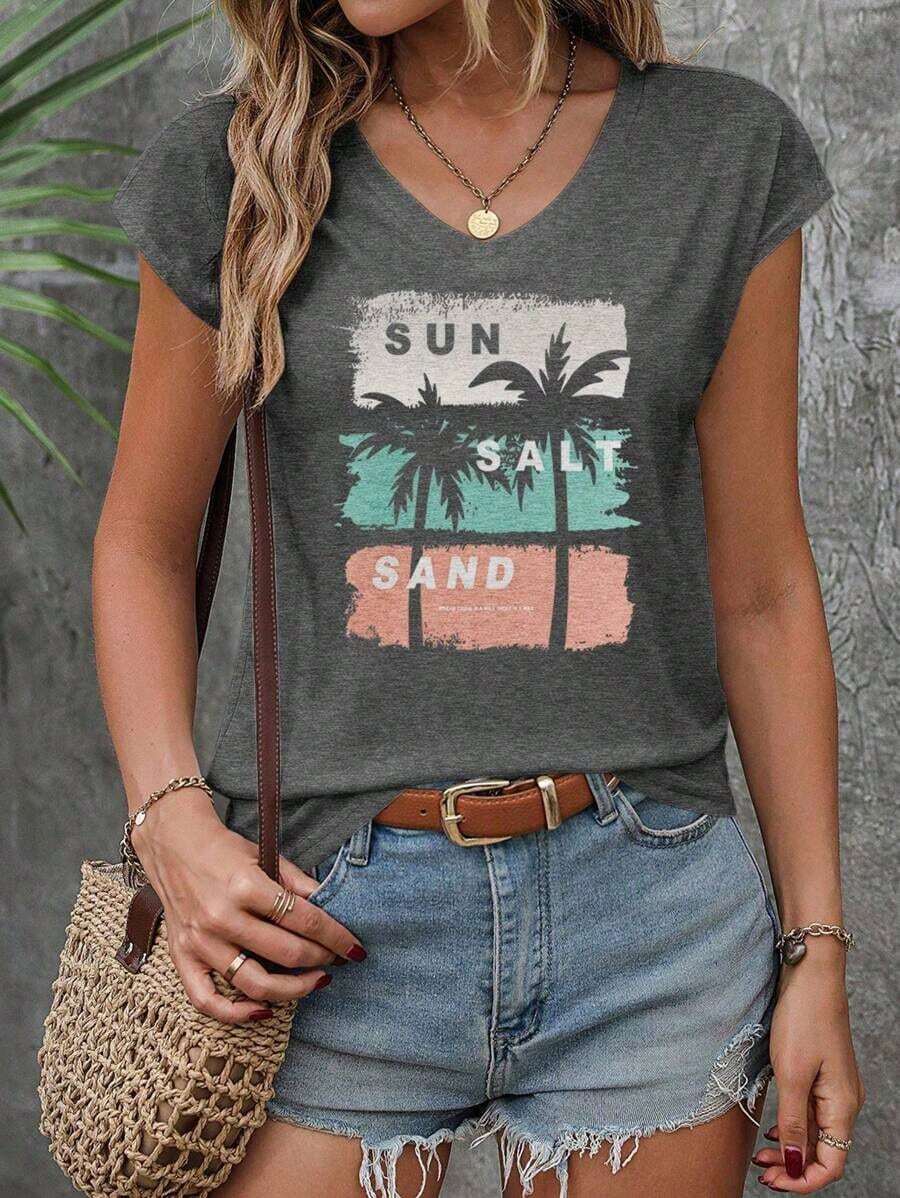 Camiseta sin mangas de cuello en V para mujer, con estampado de efecto vaquero, diseño de bolsillo falso, top casual de verano para exteriores, gráfico elegante, versátil para uso diario, al aire libre, compras, viajes - Gris Oscuro 2 - Ver 1